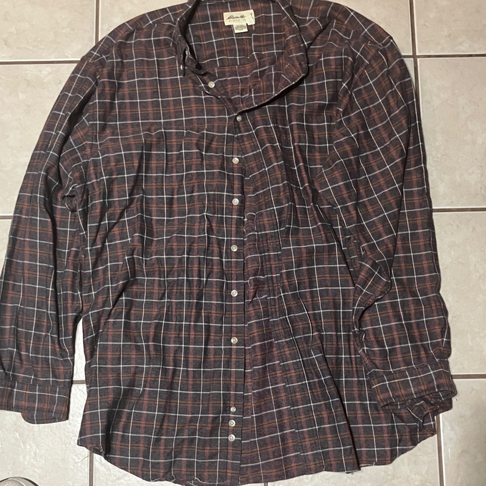 Eddie Bauer Men's Dark Brown Plaid Button Down Shirt